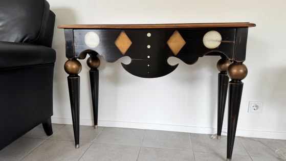 Designer Side Table with Inlay – Metal, Wood (photo 4 of 5)