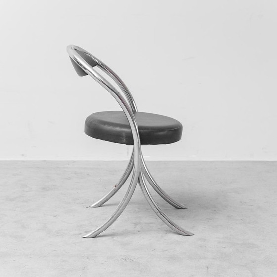 Image 1 of SET VAN 6 VINTAGE GIOTTO STOPPINO-STIJL STOELEN UIT DE JAREN 70 – VERCHROOMDE DESIGNERSTOELEN MET ZWART KUNSTLEER