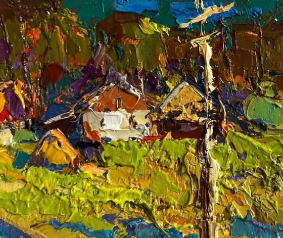Image 1 of Original Oil Painting Summer Field Landscape Sunny day in the village
