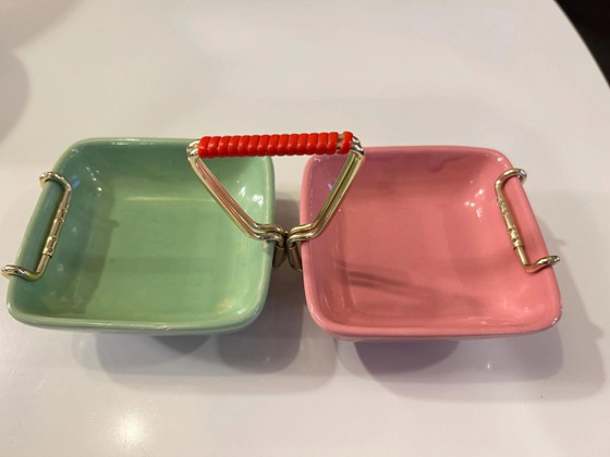 Ciotola Mid Century per snack e servizio in menta e rosa con manico in ottone degli anni '50, made in Germany (photo 3 of 7)