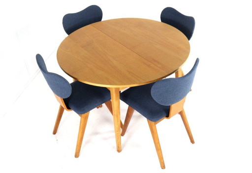 Beuken eetkamerset ronde eettafel + 4 eetkamerstoelen vintage in de stijl van Pastoe