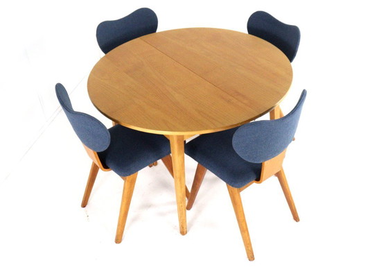 Image 1 of Beech dining set round dining table + 4 vintage dining chairs in the style of Pastoe