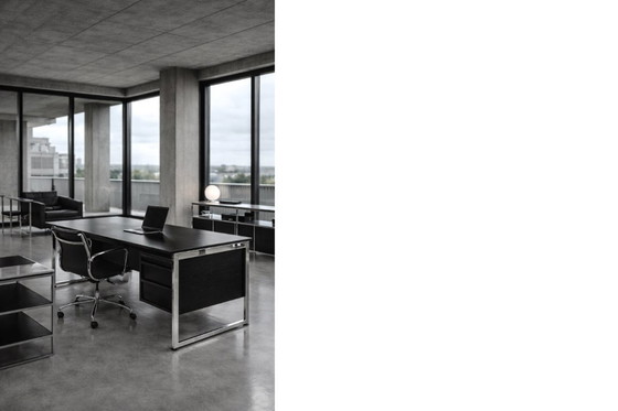 Image 1 of Vintage Mid-Century Danish Modern Minimalist Black Oak Desk with Chrome Base, 1970s