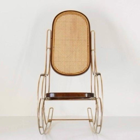 1x 1970s Thonet-Style Rocking Chair, Brass & Wicker, Mid-Century Modern – Rattan (photo 4 of 12)