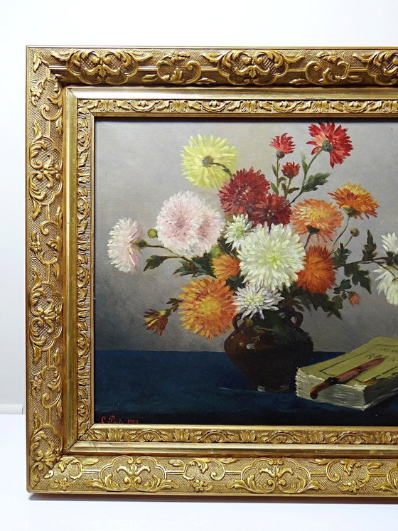 Image 1 of Oil painting on canvas, still life with chrysanthemums, signed L. Porte 1888