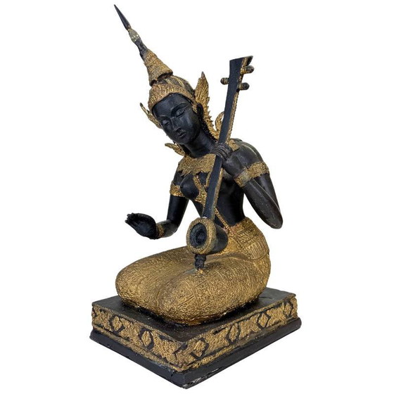 Thaise Muzikant Beeld Brons – Goud Zwart Patina Tempelfiguur – Beeldhouwkunst, Bronze, Aziatisch (photo 9 of 14)