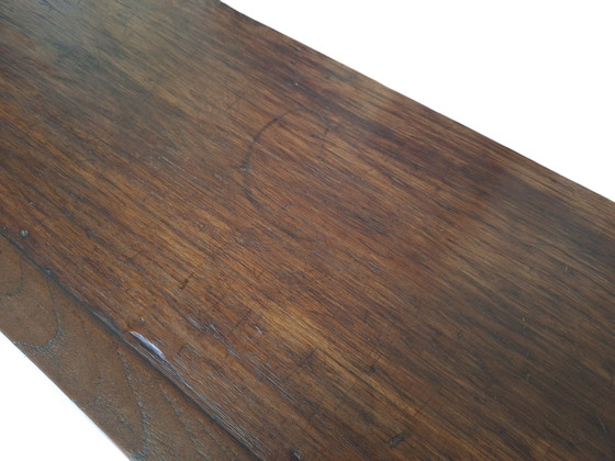 Grande table d'appoint ancienne en teck patiné, console murale, dimensions 180 x 43 cm et 78 cm de hauteur. (photo 6 of 6)