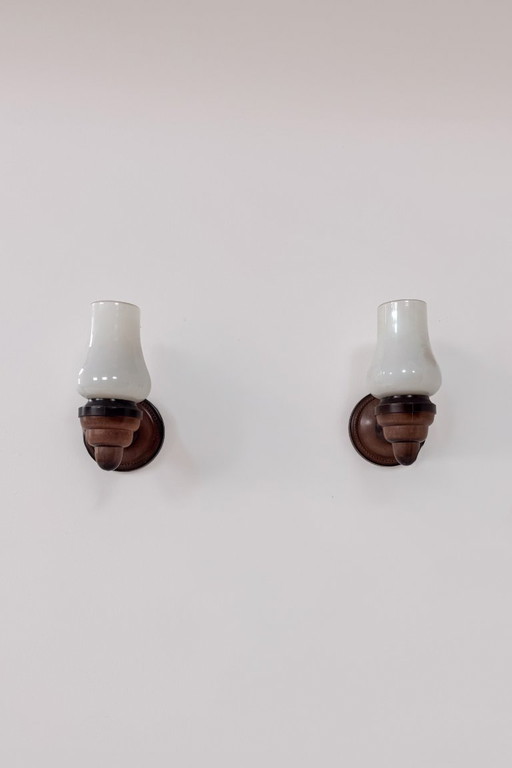 Pair of vintage wooden and opaline Wall lights, France 1970