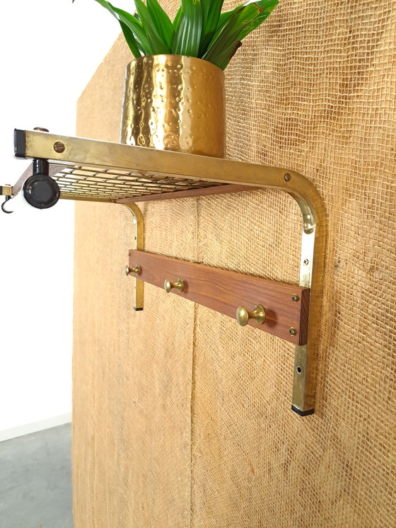 Image 1 of Goldfarbener Kleiderständer aus Schweden mit Teakholz und Regal Nr.1
