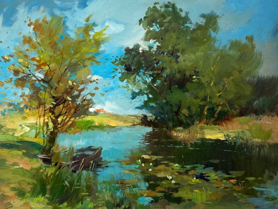 Image 1 of Original Oil Painting Summer River Landscape A secluded place in nature