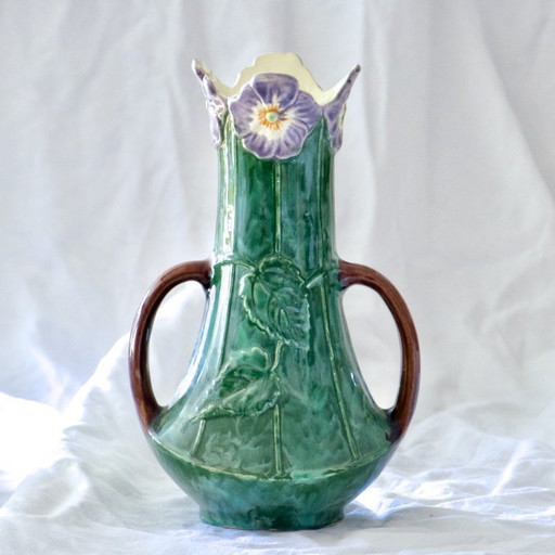 Vase ancien Art Nouveau XIXe en barbotine fleurs de Pensées