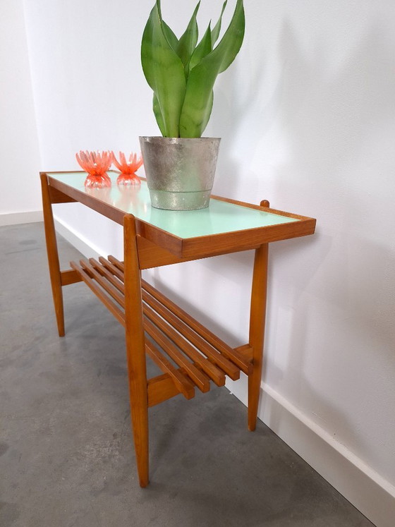 Table d'appoint vintage en bois avec plateau en Formica vert menthe – Tables d'appoint, Wood, Plastic (photo 10 of 13)