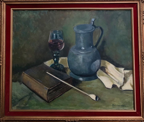 Image 1 of Peinture unique signée représentant une pipe, un verre à vin, un livre et une cruche en étain. Signé H. van Leeuwen