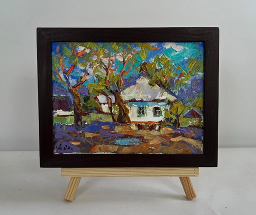 Original Oil Painting Spring Village Landscape Spring days in the village