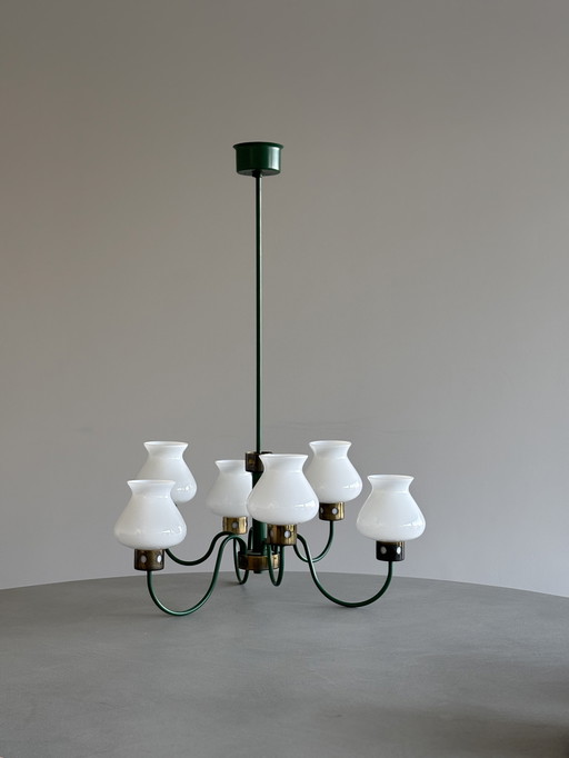 Lustre vintage italien à 6 lumières - détails vert forêt et or, abat-jour en verre opale