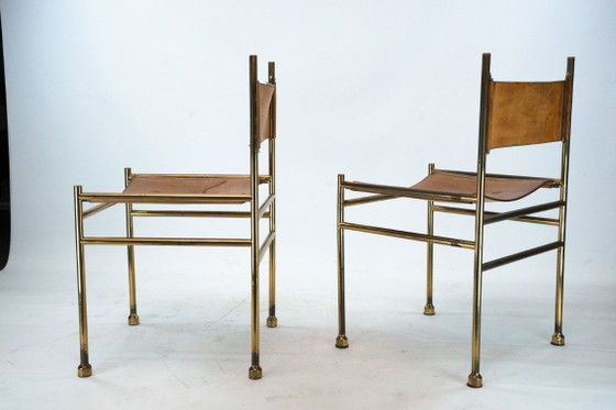 Image 1 of Set van 4 messing en lederen stoelen van Luciano Frigerio, Italië, jaren 70.