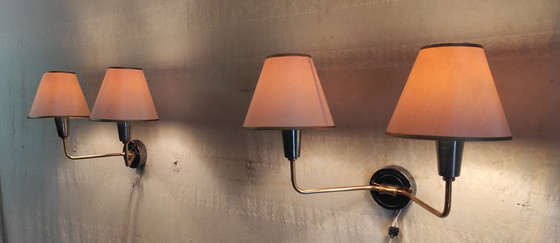 Image 1 of Double wall lights in gilded brass and gunmetal finish - 1950s/60s