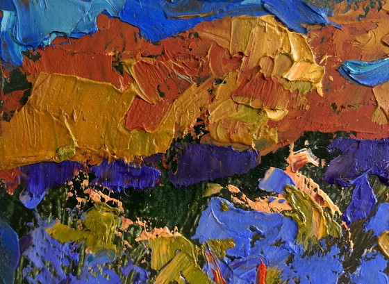 Image 1 of Original Oil Painting Autumn River Landscape Evening boat ride