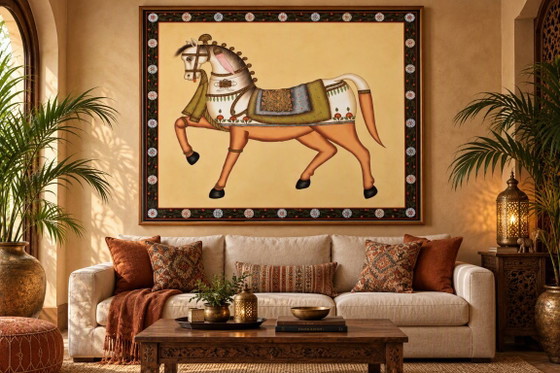 Grande tela dipinta a mano dall'India 128×123 cm | Cavallo orientale | Unico – Dipinti e disegni, Cotone (photo 7 of 7)