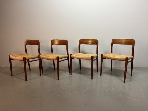 Set of 4 Niels Otto Moller High Quality Dining Chairs with Papercord Upholstery, Model 75. Denmark, 1960s.