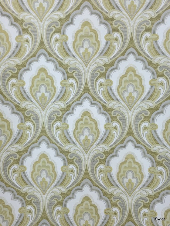 Image 1 of Papier peint baroque classique 14302, vert olive avec accents dorés