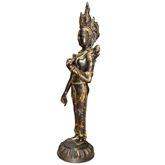 Importante Bronce Antiguo del Himalaya Dorado al Fuego Tara Verde de Pie (Namgyalma/Syama Tara) – S. XVIII – (photo 7 of 9)