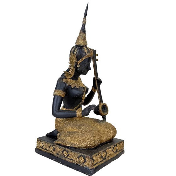 Thaise Muzikant Beeld Brons – Goud Zwart Patina Tempelfiguur – Beeldhouwkunst, Bronze, Aziatisch (photo 2 of 14)