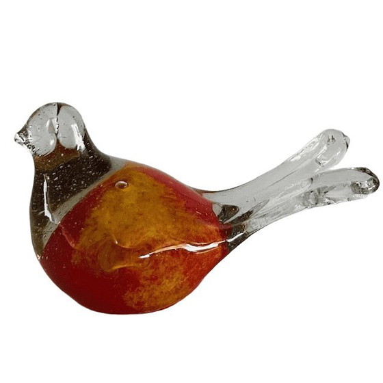 Image 1 of Vintage mondgeblazen vogelsculptuur glas presse-papier glazen vogeltje murano stijl vogelbeeldje rood geel 1980's