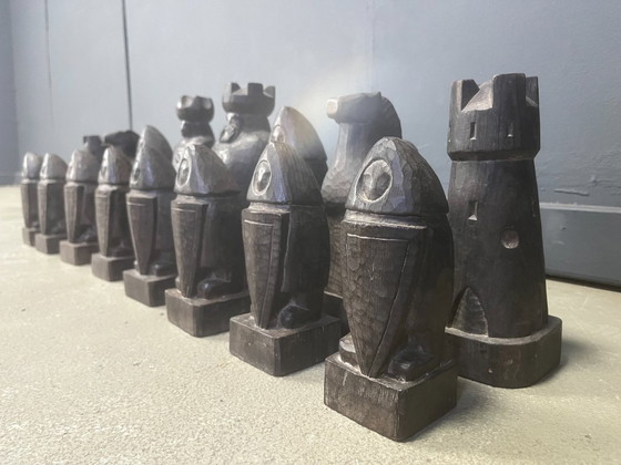 Image 1 of Großes, handgefertigtes Schachfigurenset aus Holz, 1960er Jahre