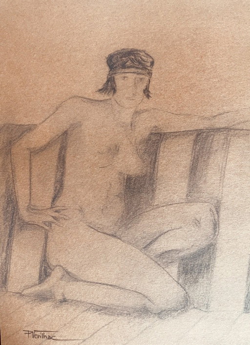 Charcoal drawing, Art Deco portrait of a woman, signed, "The Sofa"