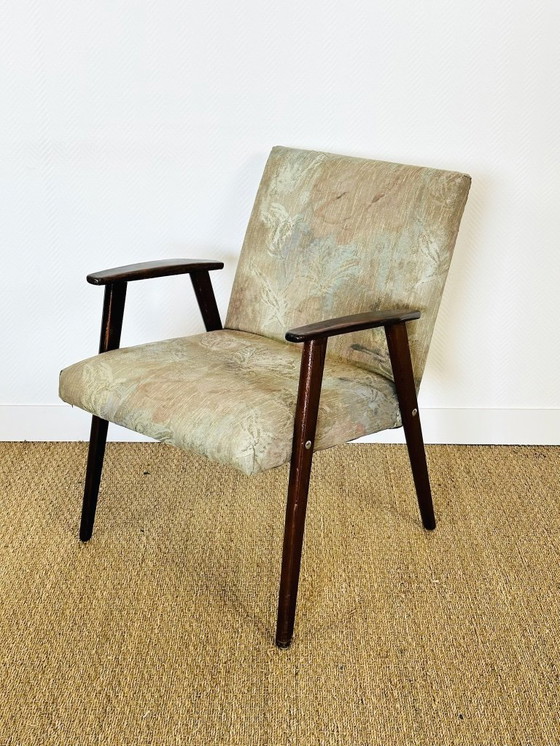 Image 1 of Vintage fauteuil van donker hout met bloemenprintstof, 1960