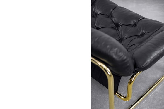 Image 1 of Vintage Mid-Century Scandinavian Modern Glamour Leather Black & Gold Sofa by John-Bertil Häggström for Swed-Form, 1970s
