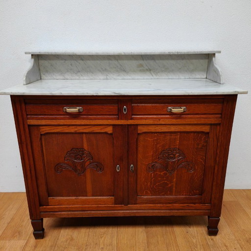 Cassettiera antica vintage, mobile da bagno con piano in marmo