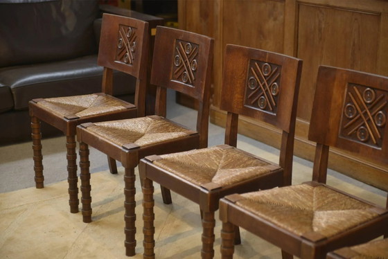 Set of 6 Charles Dudouyt chairs in oak from the 1950s., Dining chairs, Brown, Vintage (photo 6 of 13)