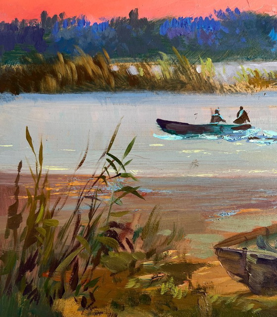 Image 1 of Pintura al óleo original: Paisaje de Sunset River, atardecer carmesí fascinante.