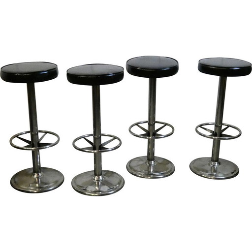 Satz von 4 Vintage-Hockern aus poliertem Edelstahl und schwarzem Skai, 1970