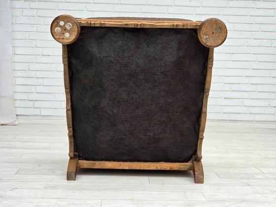Image 1 of Années 1950, fauteuil danois, meuble en laine, bois de chêne massif sculpté.