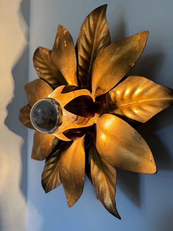 Image 1 of 1970s gold flower wall sconce