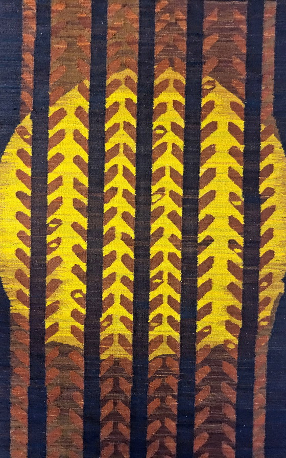 Image 1 of Vintage wollen Design Kilim Tapijt Maria Janowska (Zachód) zonsondergang (Poolse kunst)