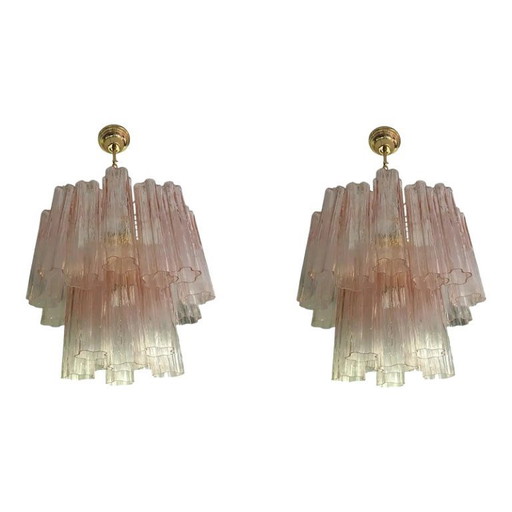 Set of 2 Contemporary Murano Style Glass Pink "Tronchi" Chandelier With Gold 24k Metal Frame