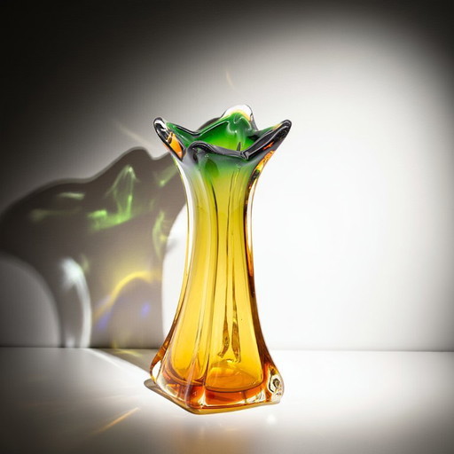 Mid - Century Murano vase - Green & Amber glass, turned design, Italy 1960s