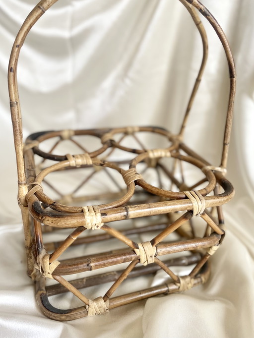 Vintage wicker wine rack with 4 compartments - 60s/70s natural rattan - bohemian country decor