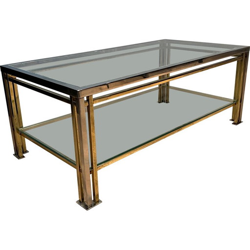 Modernistischer Couchtisch aus Chrom und vergoldetem Metall mit drei Füßen. Französische Arbeit im Stil von Willy Rizzo. Um 1970