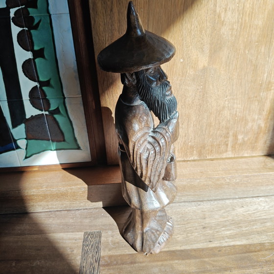 Image 1 of Large Hand-Carved Wooden Chinese Scholar Sculpture | 54 cm | Solid Wood