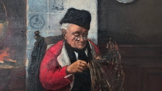 Dipinto ad olio raffigurante un pescatore intento a riparare una rete, firmato Hansen, 60 × 50 cm, vintage (photo 2 of 12)