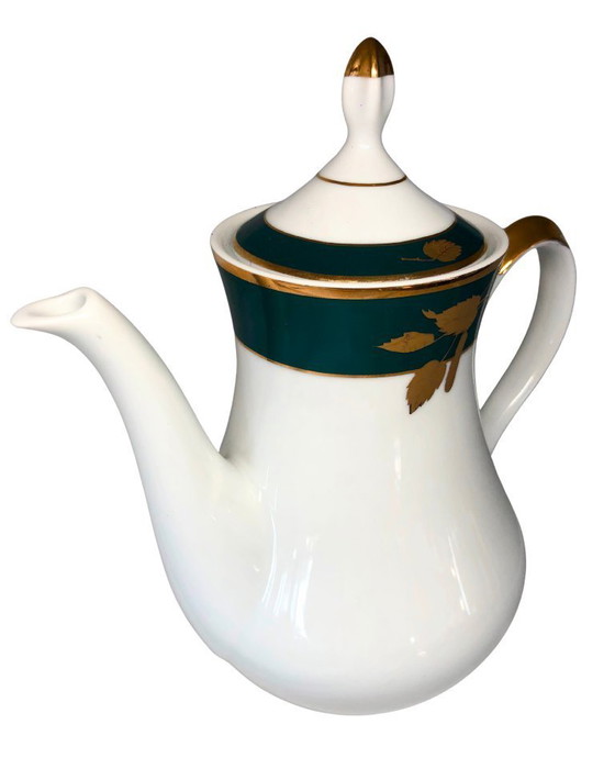 Image 1 of Juego moderno de tetera y lechera de porcelana Thun Carlsbad - Diseño en verde y hojas de oro