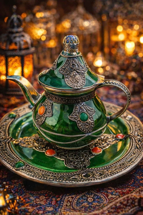 Image 1 of Authentic Moroccan Handcrafted Ceramic & Silver Teapot – Artisanal Collector's Piece