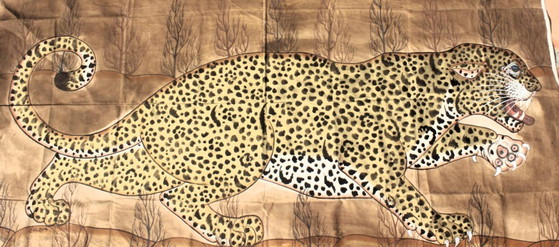 Grande leopardo 184 cm x 118 cm. Tela dipinta a mano dall'India. Unico. – Dipinti e disegni, Cotone (photo 3 of 7)