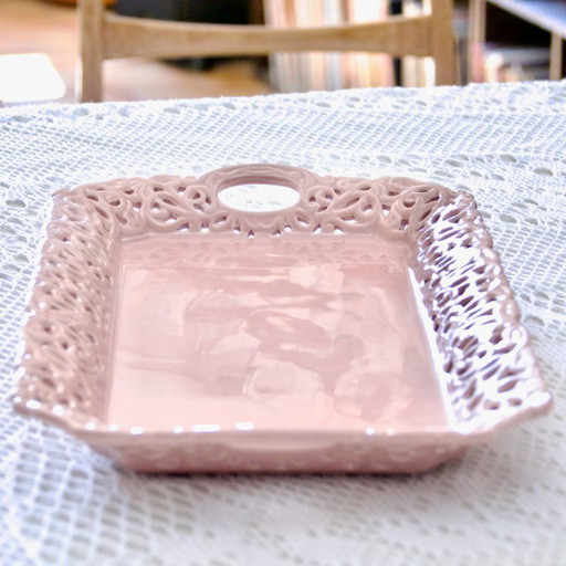Large Antique Openwork Earthenware Cake Dish with Pink Lace