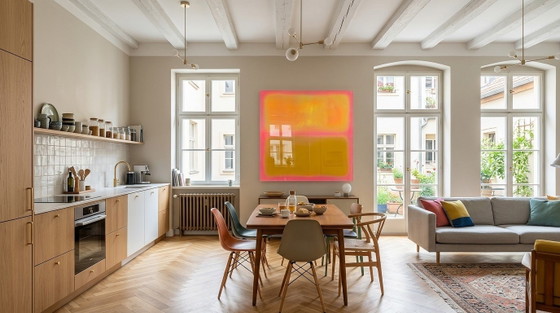 Tentoonstellingsstuk – Abstract kleurveldschilderij in neonroze en -gele tinten | 110 × 110 cm | 5 mm (photo 6 of 6)